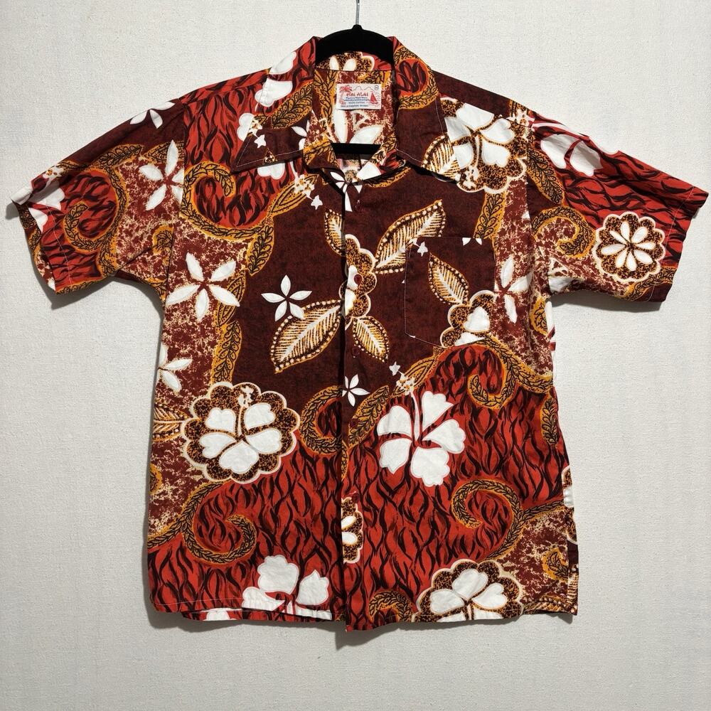 VTG Hai Alai Hawaiian Shirt Men’s MED 1970s Funky Floral Aloha AOP Red RARE